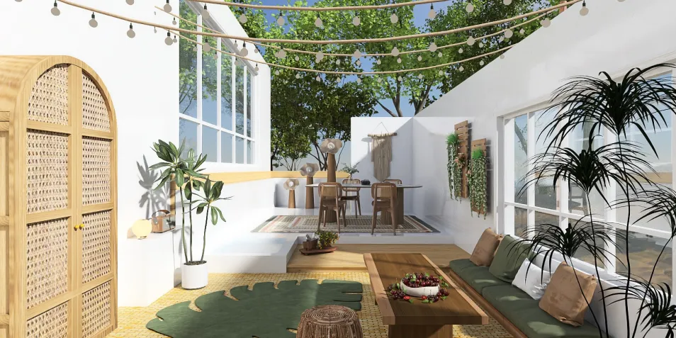 spacious terrace with outdoor seating and greenery design showcasing a modern bohemian style, featuring Homestyler's real-time 3D rendering for accurate design preview.