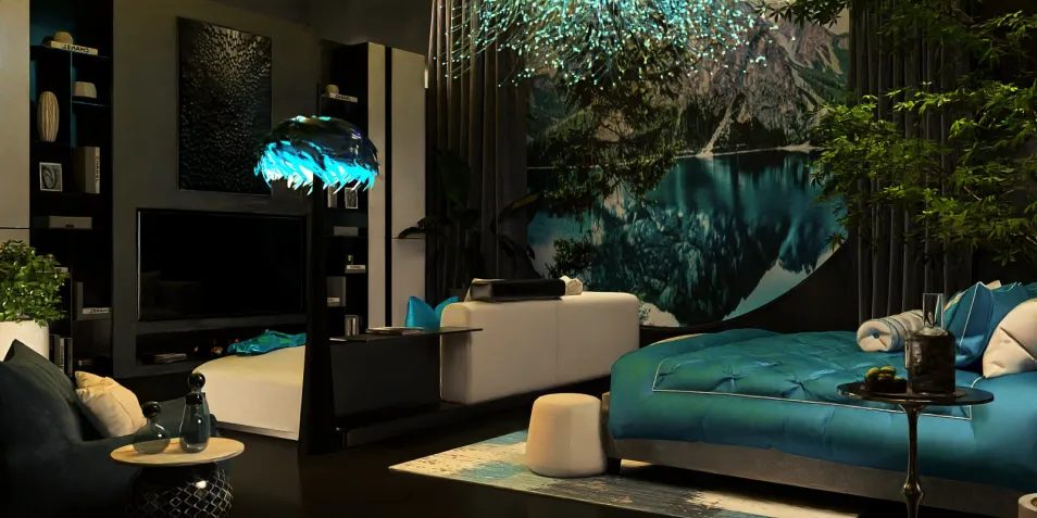 Modern bedroom design featuring a stylish blue bed and unique lighting, enhancing the overall ambiance and showcasing interior decor elements; utilizing Homestyler's real-time 3D rendering for an immersive experience.