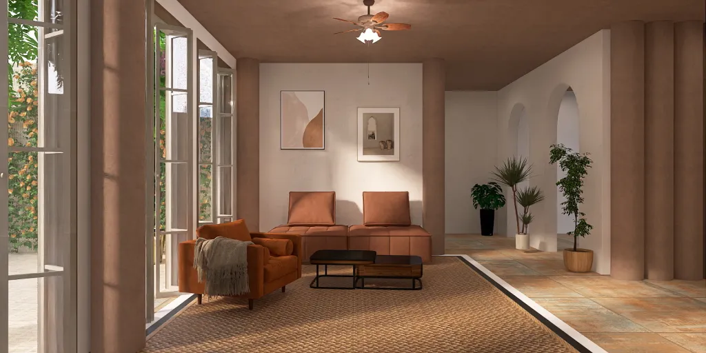 a living room with a couch, chair, and a table 