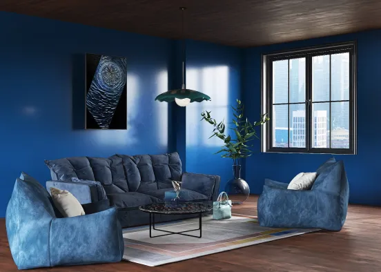 Dark Blue Living Room Design Rendering