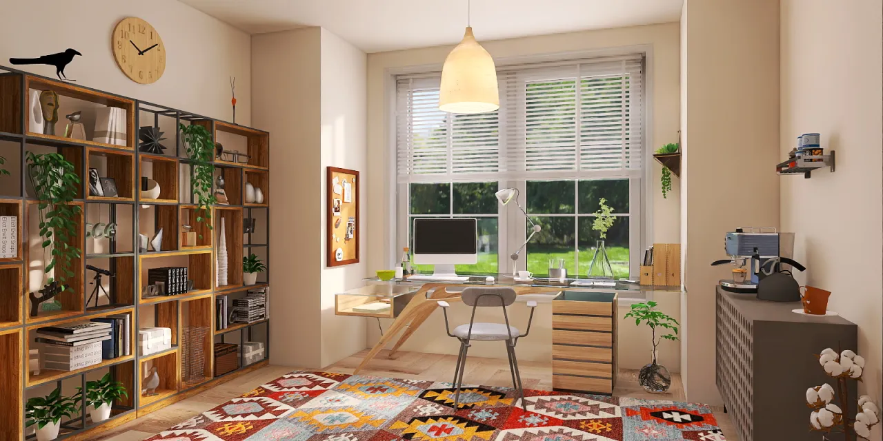 a living room with a large window and a book shelf 