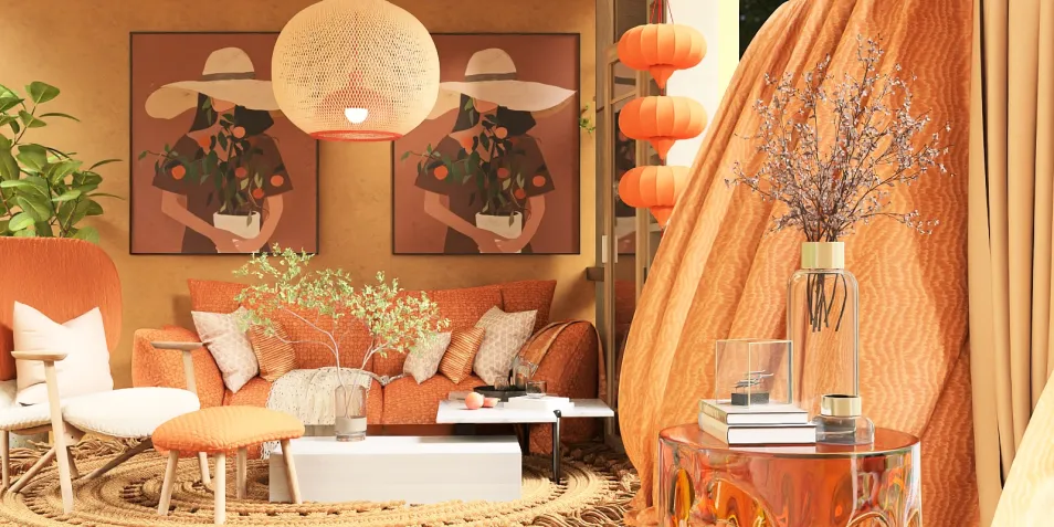 A cozy living room with a warm color palette featuring orange furniture, artwork on the walls, and decorative plants, showcasing an inviting atmosphere with intelligent furniture arrangement using Homestyler's smart furniture layout feature.