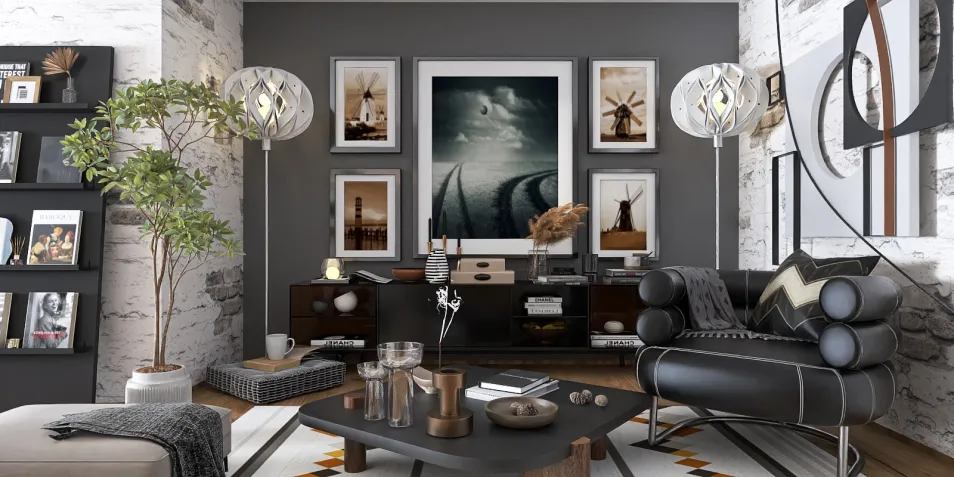modern living room design featuring a stylish black sofa and artistic wall decor with nature elements, showcasing a cozy atmosphere and optimized space functionality using Homestyler's real-time 3D rendering feature