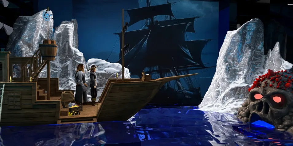 fantasy pirate ship sailing through icy waters with a giant skull and dramatic backdrop, showcasing a theatrical design concept, featuring 3D rendering capabilities from Homestyler.