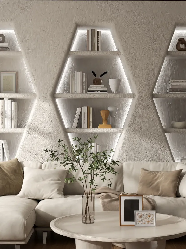 hexagonal shelves displaying books and decor items in a modern living room style, highlighting interior decor with a focus on smart furniture arrangement, and utilizing Homestyler's real-time 3D rendering feature for design visualization.