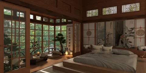 wooden bedroom design featuring a serene layout and natural light, creating a calming atmosphere optimized for relaxation using Homestyler's real-time 3D rendering feature.