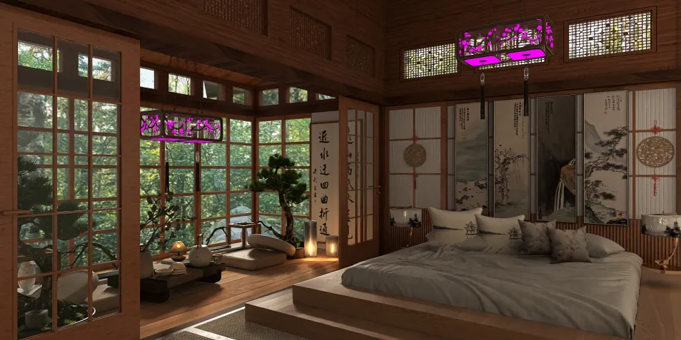 Japanese style bedroom featuring serene nature views, incorporating smart furniture arrangement for optimal space utilization, showcasing interior decor that highlights traditional aesthetics, utilizing Homestyler's real-time 3D rendering feature.
