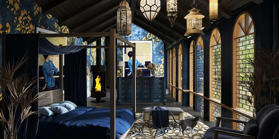 cozy bedroom design featuring a four-poster bed and intricate wallpaper, showcasing a modern bohemian style with a warm ambiance, focusing on interior decor trends and the core functionality of Homestyler's real-time 3D rendering for quick design previews.