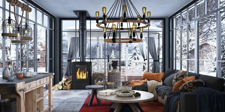 cozy living room featuring a rustic fireplace design with a modern chandelier, embracing a winter theme, highlighting the beauty of interior decor; showcasing Homestyler's real-time 3D rendering capability.
