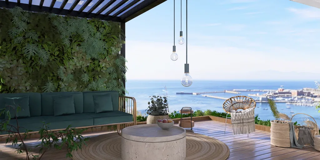 a large outdoor patio with a view of the ocean 