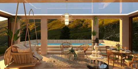 modern indoor living room with large windows overlooking a scenic view, featuring stylish furniture arrangement and natural decor elements, showcasing Homestyler's real-time 3D rendering for interior design.