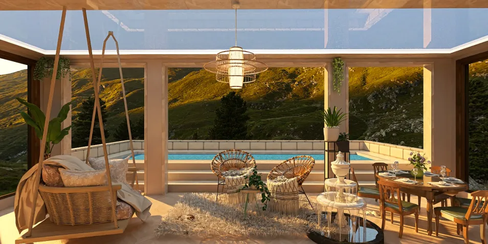 modern living room design featuring a cozy seating area and dining space surrounded by large windows with mountain views, utilizing Homestyler's real-time 3D rendering feature for accurate visualization.