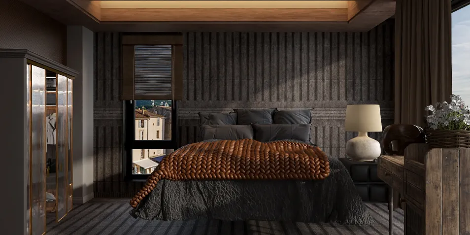 cozy bedroom with modern furnishings featuring a warm blanket on the bed in an inviting atmosphere, showcasing interior design expertise with Homestyler's real-time 3D rendering functionality