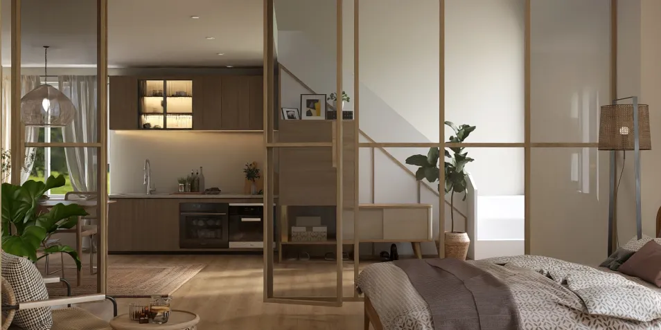 modern bedroom design featuring a transparent partition separating the living area and kitchen, showcasing a cozy style with natural light and greenery, optimized using Homestyler's real-time 3D rendering feature for quick visualization.