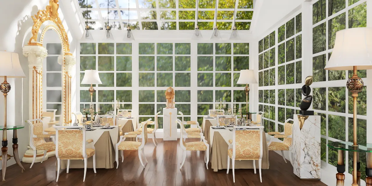 a dining room with a large window and a large table 