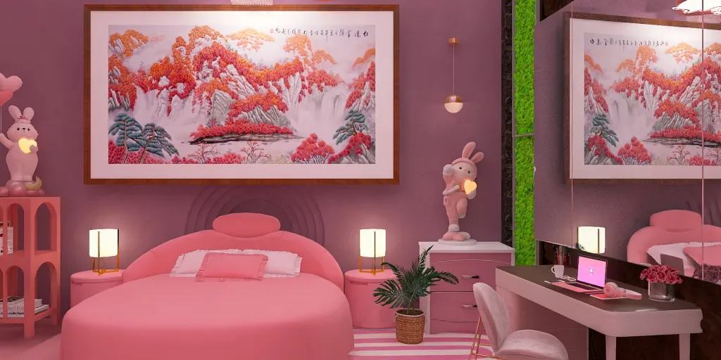a room with a pink wall and a pink wall with a pink wall 