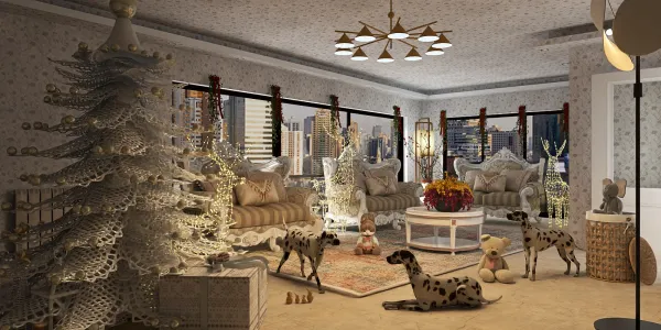 Dogs lounging in a beautifully decorated living room with a Christmas tree, showcasing an elegant style, perfect for interior decor with Homestyler's real-time 3D rendering feature providing fast visualization of design proposals.