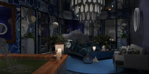 luxurious bedroom design featuring a modern chandelier and floral decor, showcasing an elegant style with a focus on relaxation and comfort using Homestyler's real-time 3D rendering.