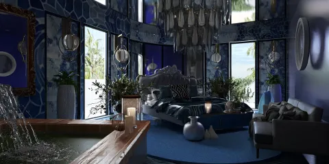 luxurious bedroom interior design featuring a crystal chandelier and blue walls with artistic patterns, utilizing Homestyler's real-time 3D rendering for an immersive visualization experience.