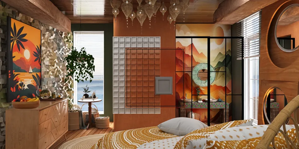 cozy bedroom with unique art displays and earthy tones showcasing a modern rustic interior design, utilizing Homestyler's real-time 3D rendering for effective design proposals.