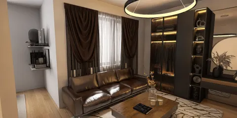 modern living room design featuring a leather sofa and stylish decor with dark curtains, showcasing a cozy atmosphere and highlighting the use of Homestyler's real-time 3D rendering feature for quick design previews.