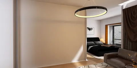 interior space with a modern design featuring a ring pendant light illuminating a transitional living area that connects to a stylish bedroom, showcasing a seamless flow between spaces while utilizing Homestyler's real-time 3D rendering feature.