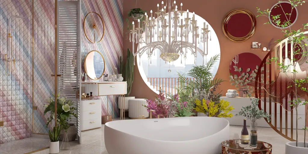 a bathroom with a large tub and a large window 