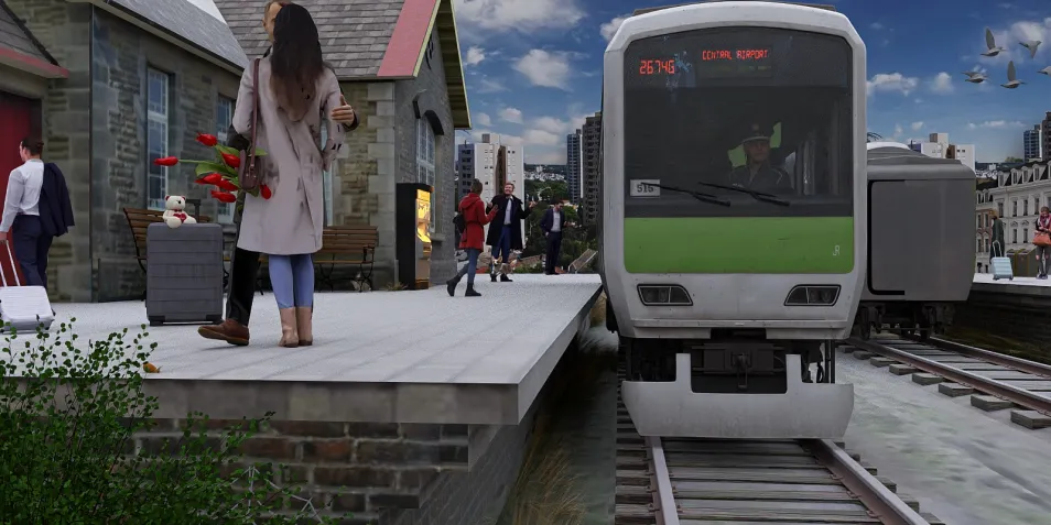 A lively urban train station scene featuring a green train arriving, crowds of people waiting on the platform, and decorative flower arrangements, showcasing real-time 3D rendering for an immersive public space design.