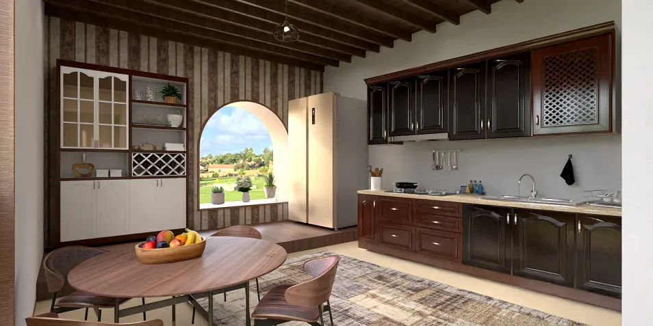 modern kitchen design featuring open layout with wooden beams and rustic elements, showcasing interior decor ideas with Homestyler's real-time 3D rendering for accurate remodeling previews.