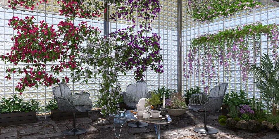 indoor garden with colorful flowers enhancing seating area using 3D interior design features; showcasing Homestyler's real-time 3D rendering for optimal space visualization.