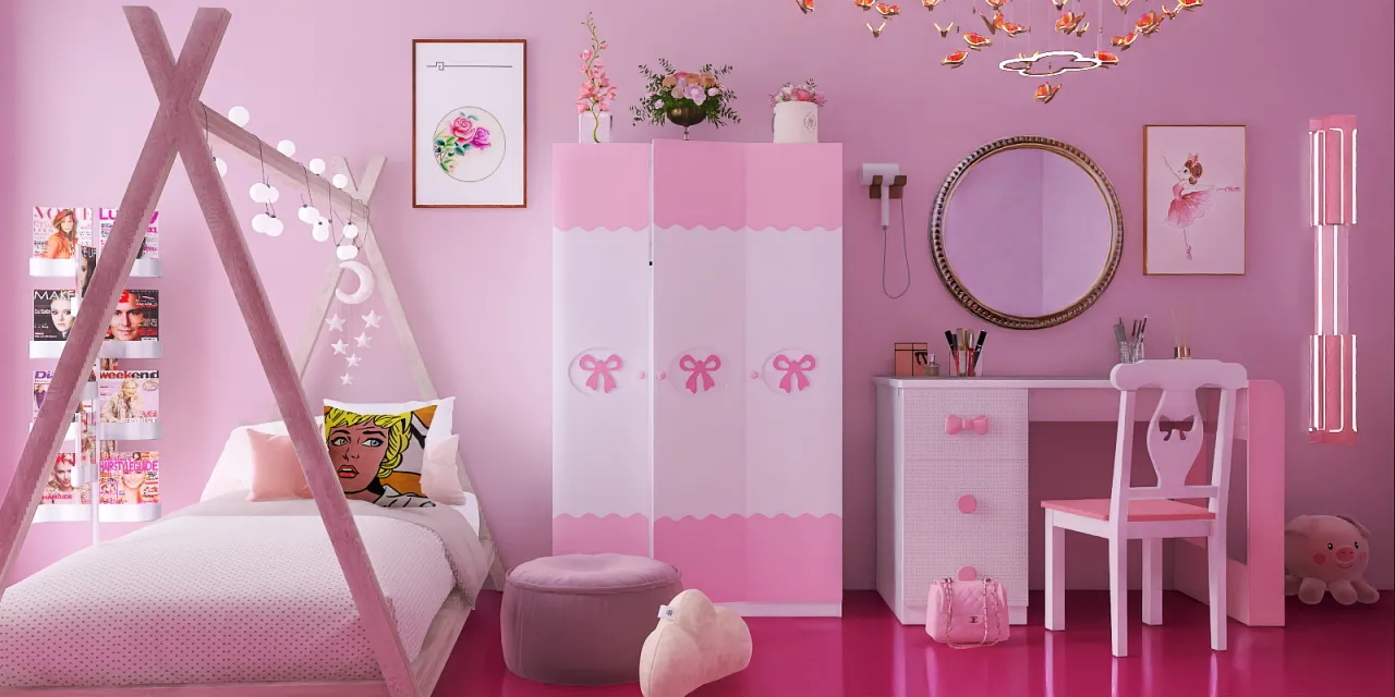 a small bedroom with a pink bed and a pink dresser 