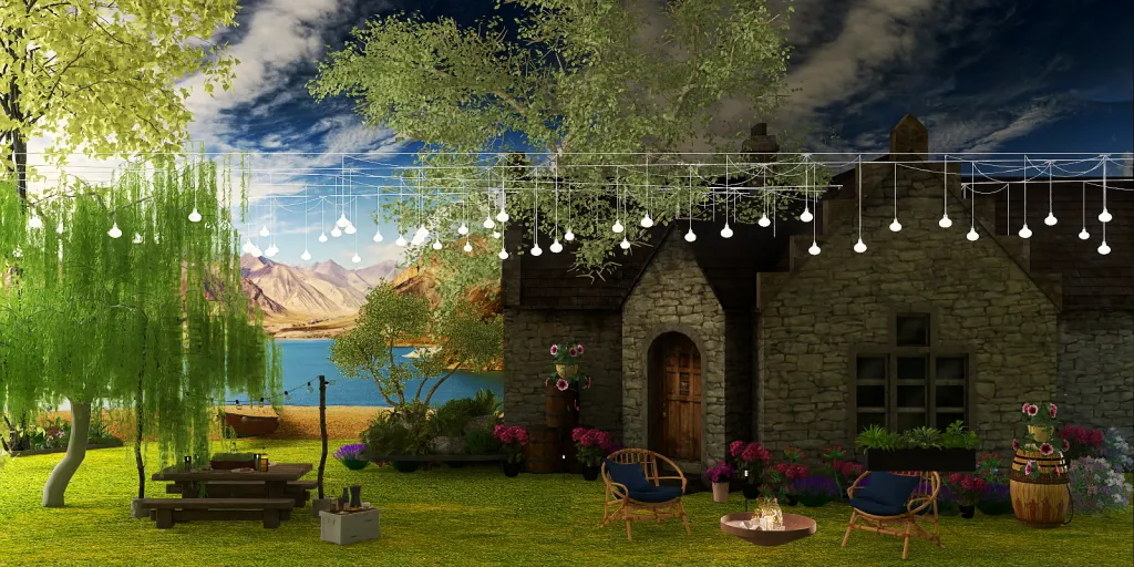 a garden with flowers and a fire place 