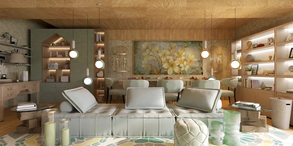 modern lounge area featuring elegant furniture arrangement with a focus on natural wood elements and soft color palette, ideal for interior decor inspiration; includes Homestyler's real-time 3D rendering capability to visualize design.