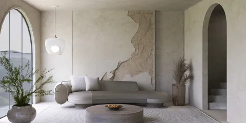 minimalist living room featuring a curved sofa and decorative plants showcasing a neutral color palette with textures, designed using Homestyler's real-time 3D rendering for a modern interior decor.