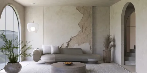 modern living room with curved sofa and textured wall design using Homestyler's real-time 3D rendering feature for interior decor preview