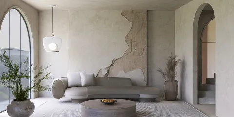 minimalist living room showcasing a curved sofa and natural textures in a modern design, emphasizing interior decor with Homestyler's real-time 3D rendering feature.