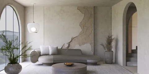 modern living room with curved sofa and natural textures, featuring neutral color palette and minimalistic design for a calming atmosphere, showcasing Homestyler's real-time 3D rendering feature.