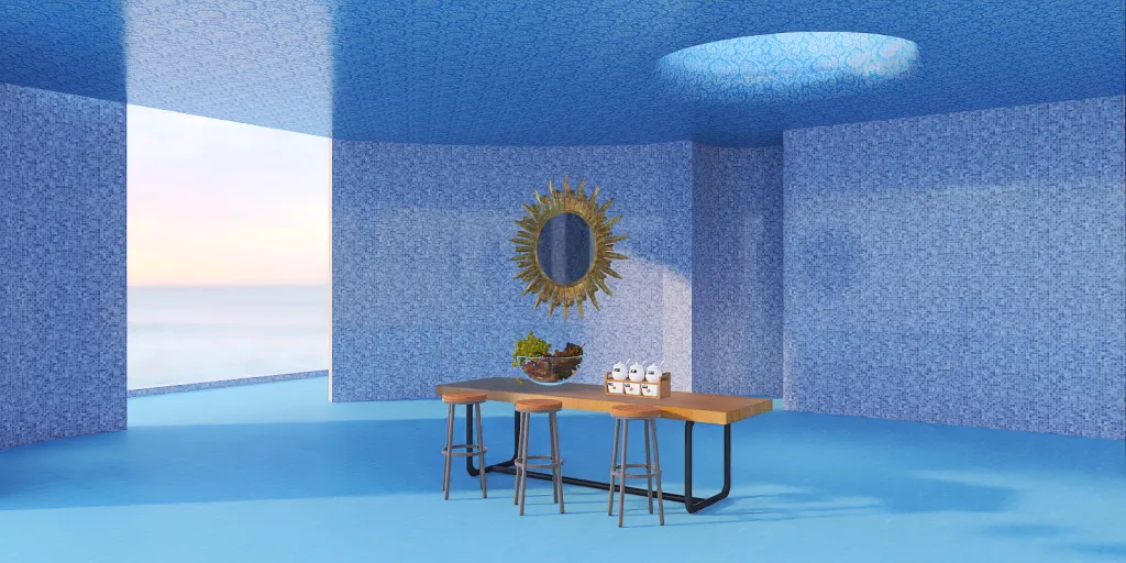 a room with a table and a blue wall 