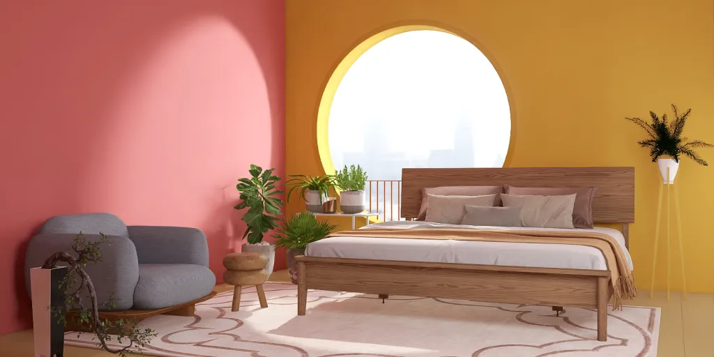 a bedroom with a bed, a chair, and a mirror 