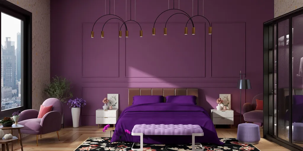 a bedroom with a blue bed and a pink wall 