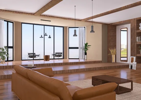 Living room warm woody décor Design Rendering
