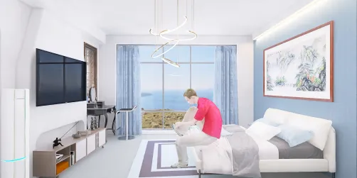 bedroom in blue and white colors 