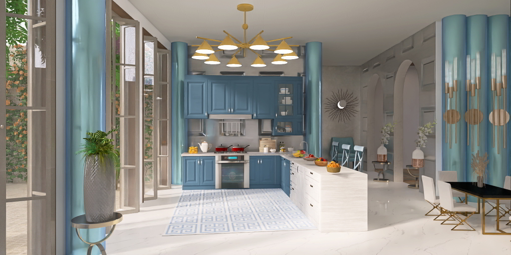 a kitchen with a large window and a large table 