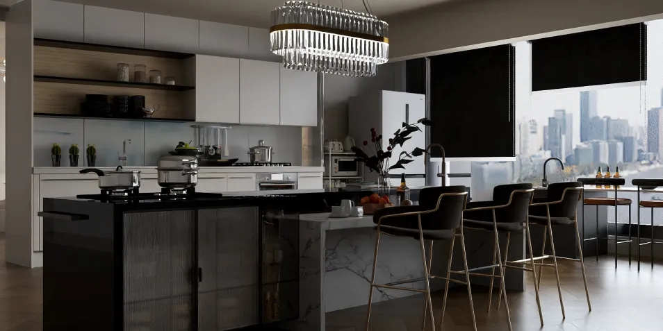 modern kitchen design featuring smart furniture arrangement with a sleek style and functional space value, utilizing Homestyler's real-time 3D rendering to showcase a contemporary residential interior.