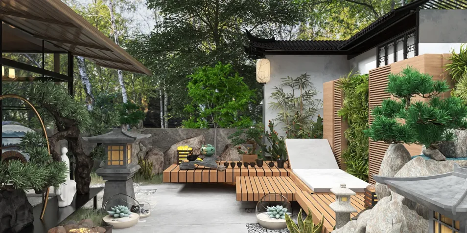 Zen garden design featuring a wooden deck and lounge chair, creating a tranquil outdoor retreat with lush greenery and ornamental rocks, showcasing Homestyler's realistic 3D rendering capability.