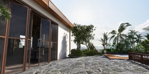 outdoor terrace with stone flooring featuring a modern design style and tropical landscaping, showcasing Homestyler's real-time 3D rendering feature for realistic preview of exterior spaces.