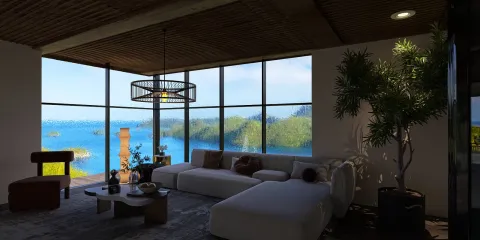 modern living room with panoramic ocean view featuring cozy furniture arrangement in a minimalist style, showcasing Homestyler's real-time 3D rendering functionality