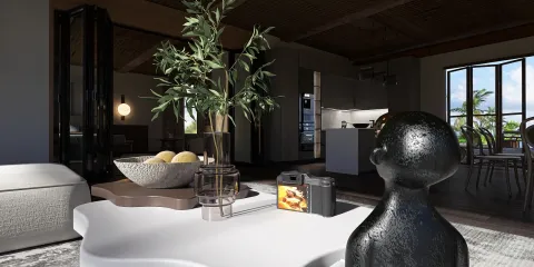 3D interior scene featuring a stylish living room with a modern coffee table arrangement and a decorative sculpture, showcasing contemporary design elements for optimal space utilization, highlighting Homestyler's real-time 3D rendering feature.