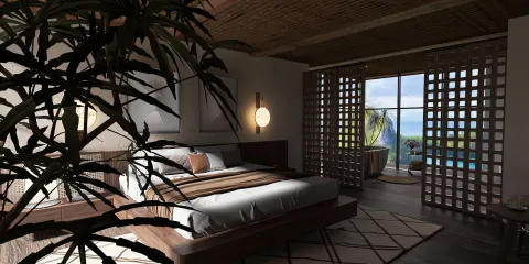 modern bedroom design featuring a wooden bed layout with large windows and a view of the ocean, showcasing interior decor with nature elements and utilizing Homestyler's real-time 3D rendering for enhanced visualization