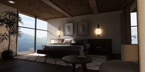 modern bedroom interior design featuring a large bed and cozy seating area, showcasing a minimalist style with natural light, optimized using Homestyler's real-time 3D rendering for a quick design proposal preview.